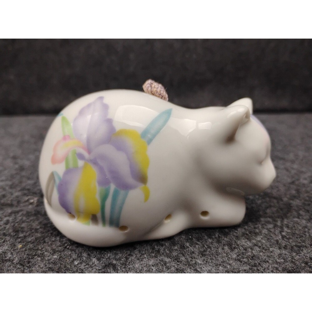 Vintage Hanging Cat Potpourri Sachet Holder Purple Lilies Floral Ornament Figure
